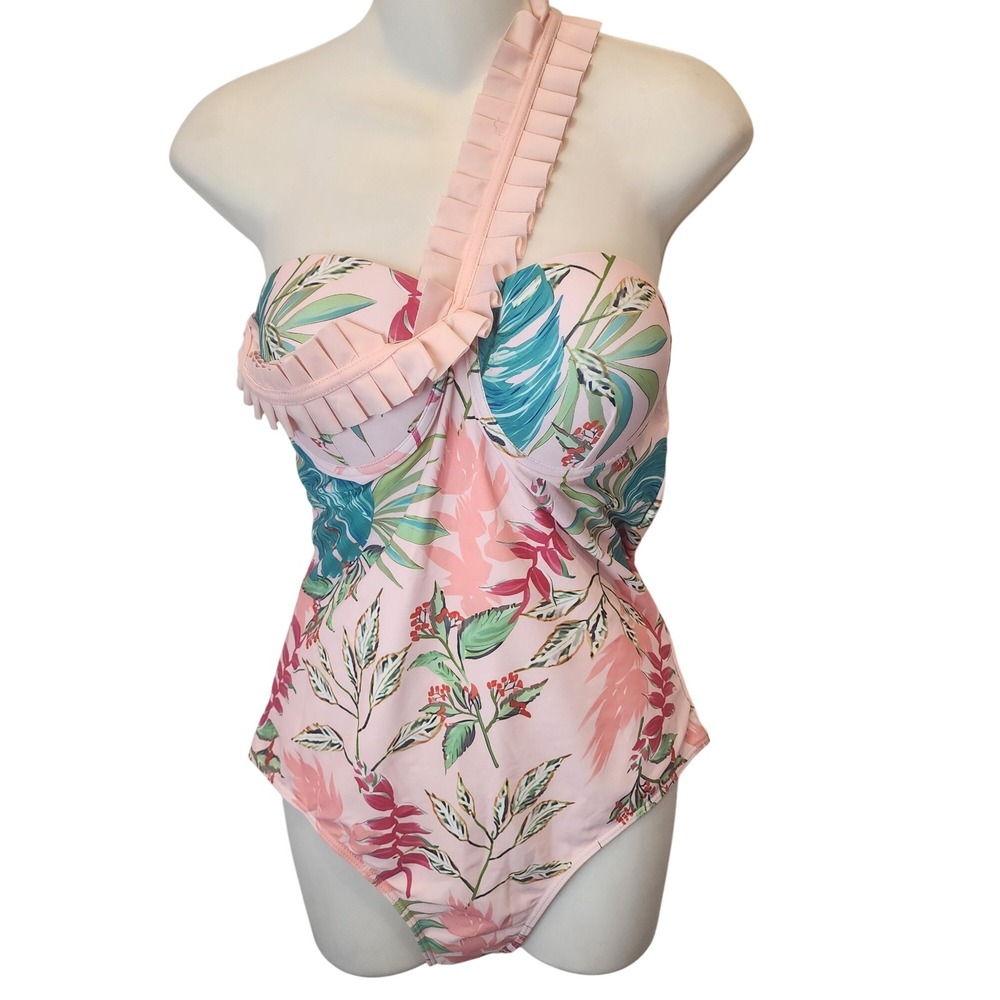 Floral One Shoulder Ruffle Swimsuit Pink Tropical Hawaiian Print Bathing Suit‎